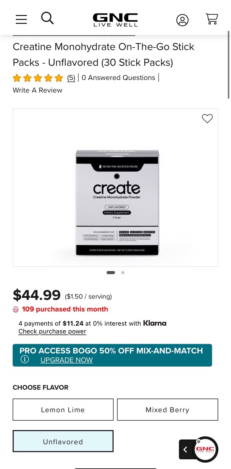 Create Creatine Monohydrate Unflavored Powder 30 Stick Packs Non-GMO Gluten-Free