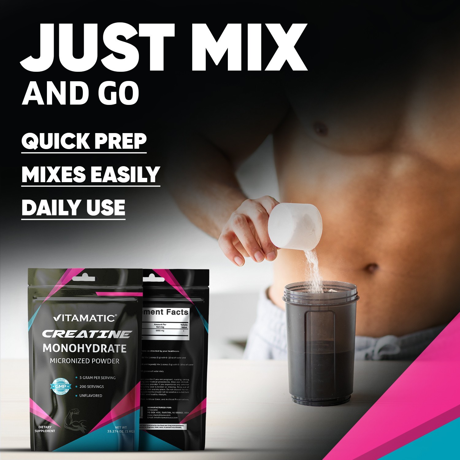 Vitamatic Creatine Monohydrate Powder – 5000 mg Per Serving, 1 kg