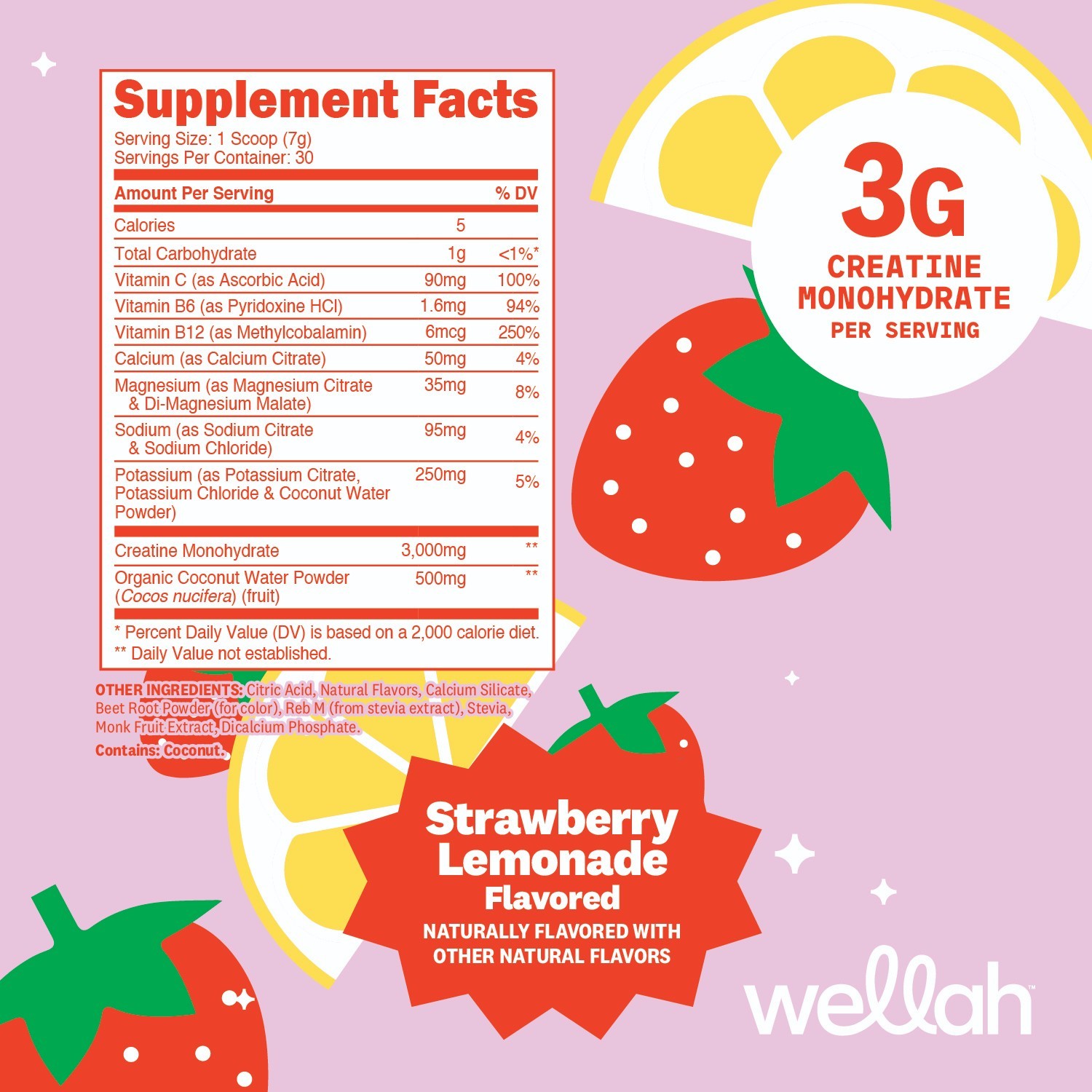 Wellah Creatine + Hydration Powder (Strawberry Lemonade) 30 Servings – Drink Mix