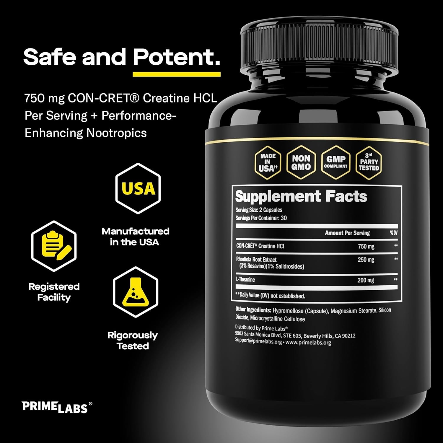 Prime Labs Creatine HCl Capsules – with CON-CRĒT®, Rhodiola Root Extract, &