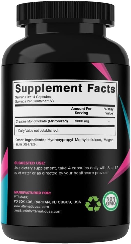 Vitamatic Creatine Monohydrate Capsules 3000mg (3g) per serving – Micronized