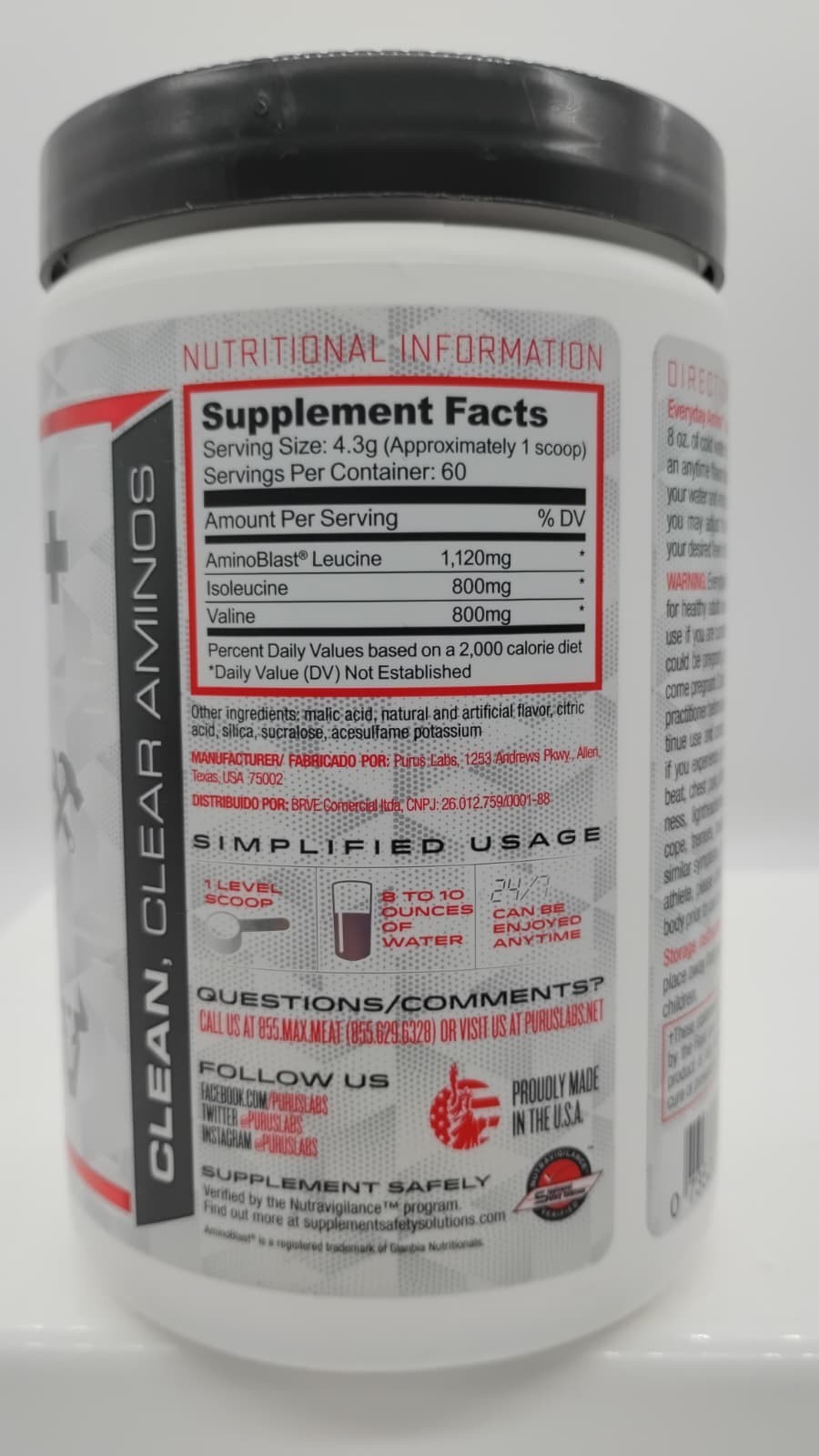 Purus Labs Everyday Amino BCAA| Muscle Hydration 60 Serving – Strawberry Limeade