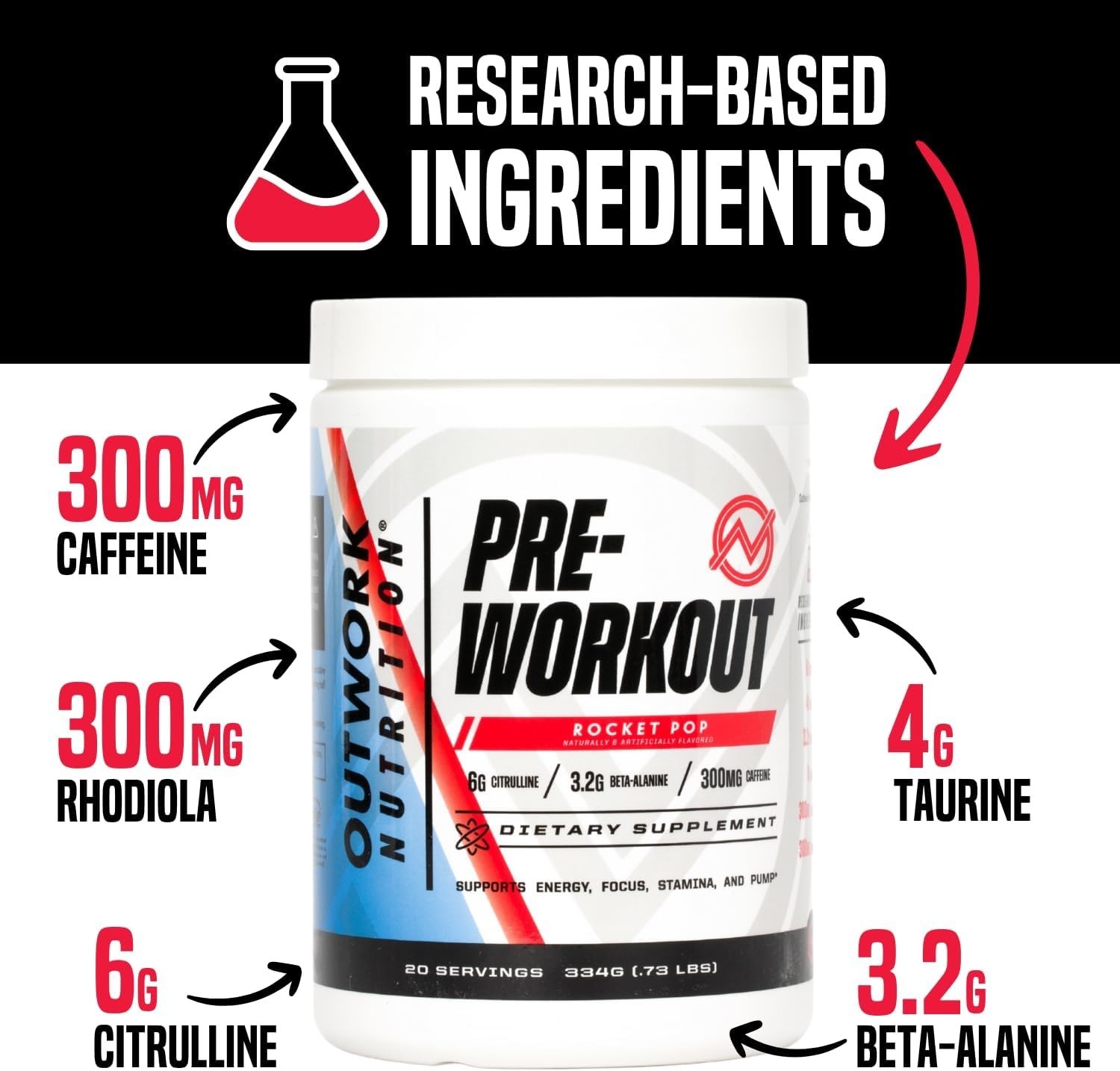 Nootropic Pre-Workout Powder – , Sugar-Free, Rocket Pop Flavor, 11.7 oz