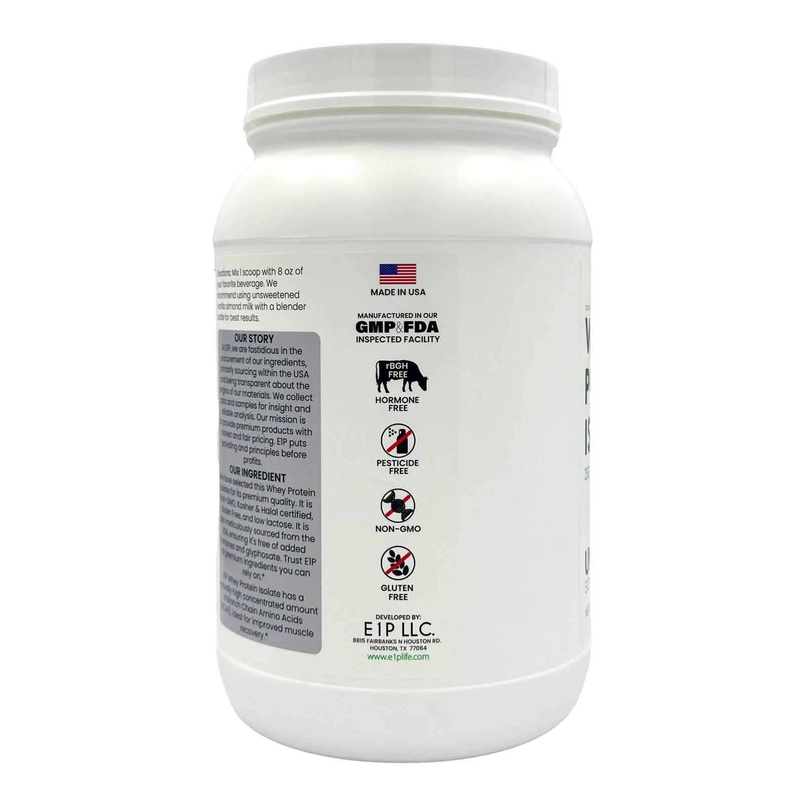 E1P Whey Protein Isolate 2lbs (32 Servings) Unflavored, Non-GMO, Cold-Processed,