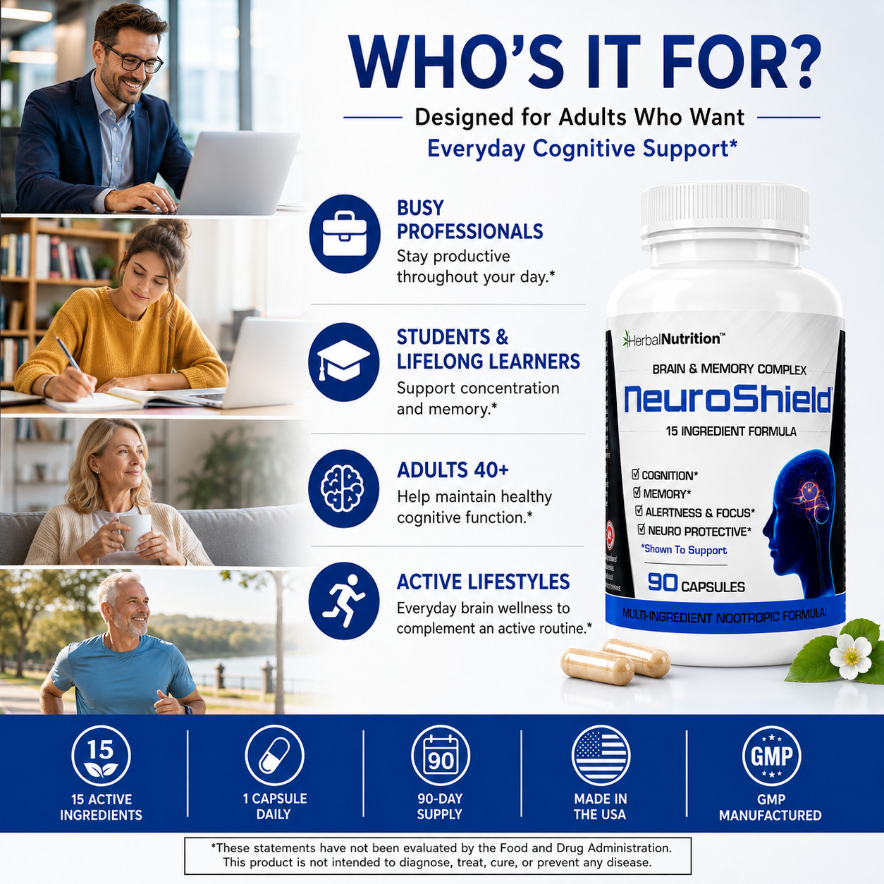 Brain Booster Supplement Memory, Focus, Bacopa, Huperzine & More 90 Caps 3 Pack