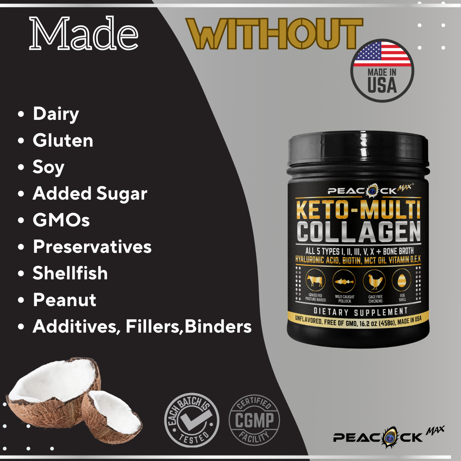 4 pack Keto Collagen Powder 5 Type Bone Broth Hyaluronic Acid MCT Vitamin DK