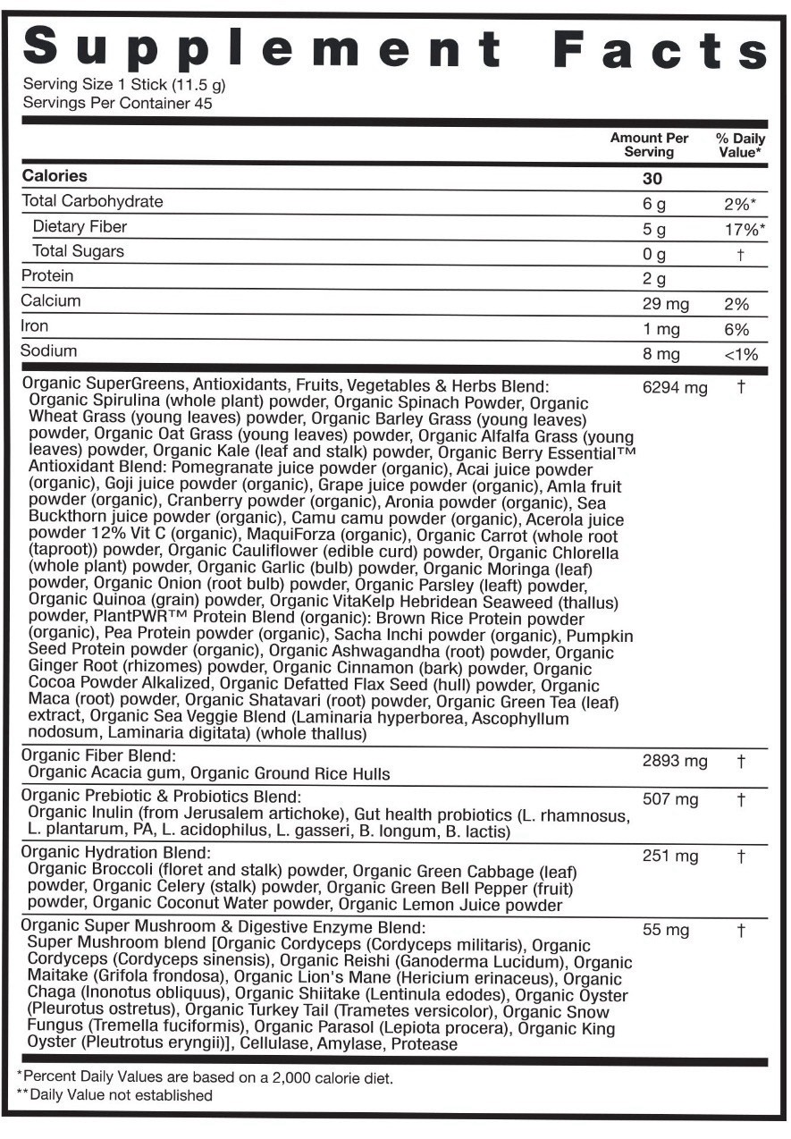 Zena USDA Organic Supergreens Fruits & Vegetables Powder, 45 Stick PACs EXP05/26