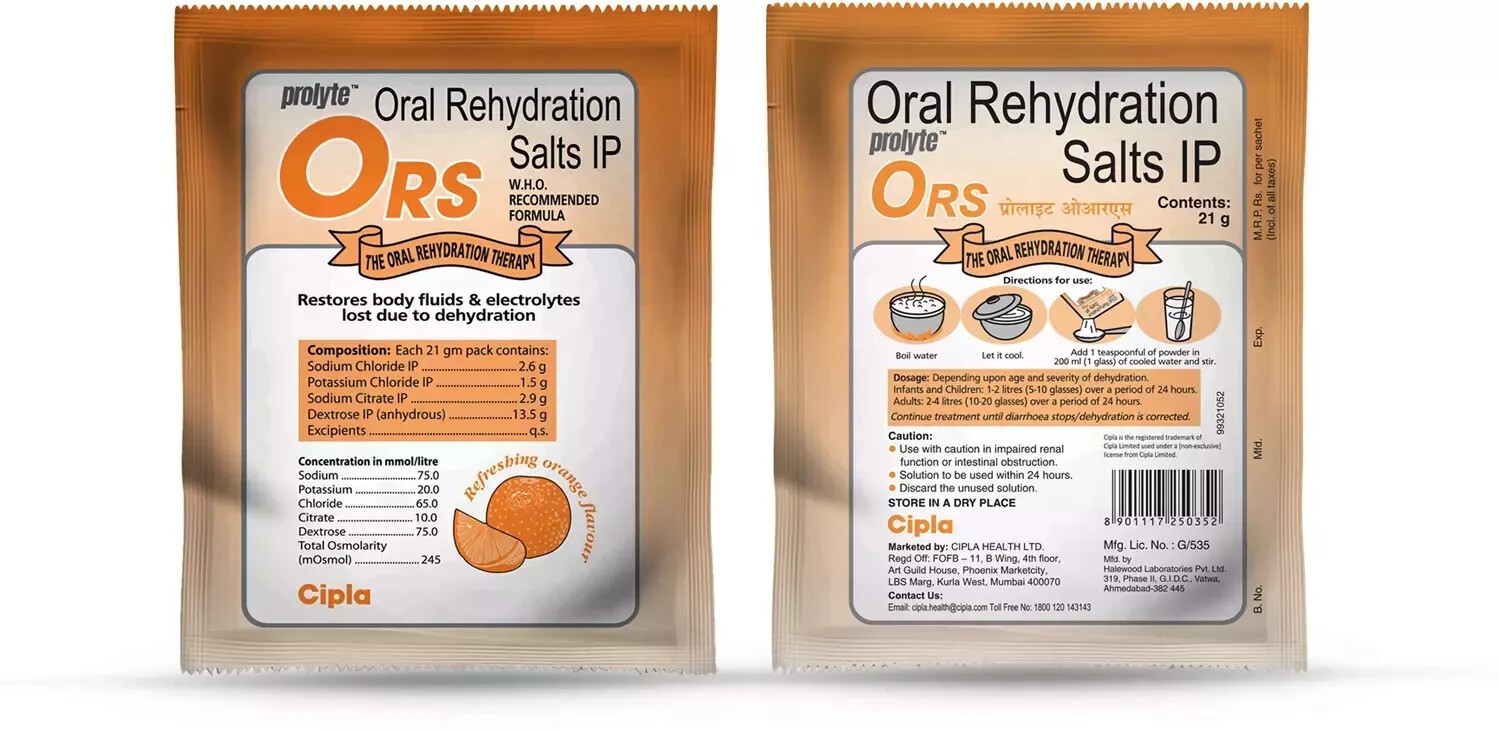 Cipla Prolyte ORS Orange 21g x 30 | Electrolyte Rehydration Drink | 01/2028 Exp.
