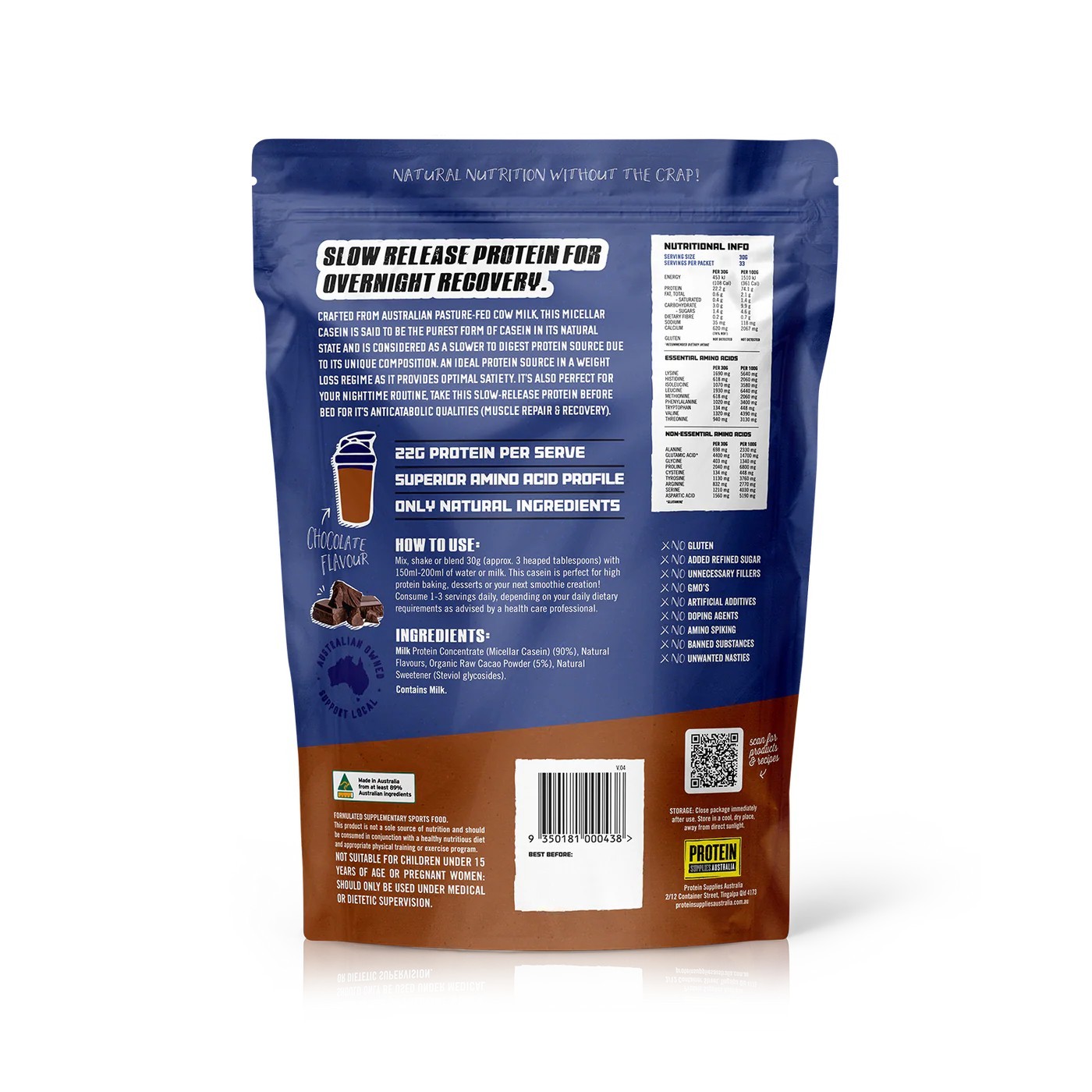 Protein Supplies Australia Micellar Casein Protein Slow Release Chocolate 1kg