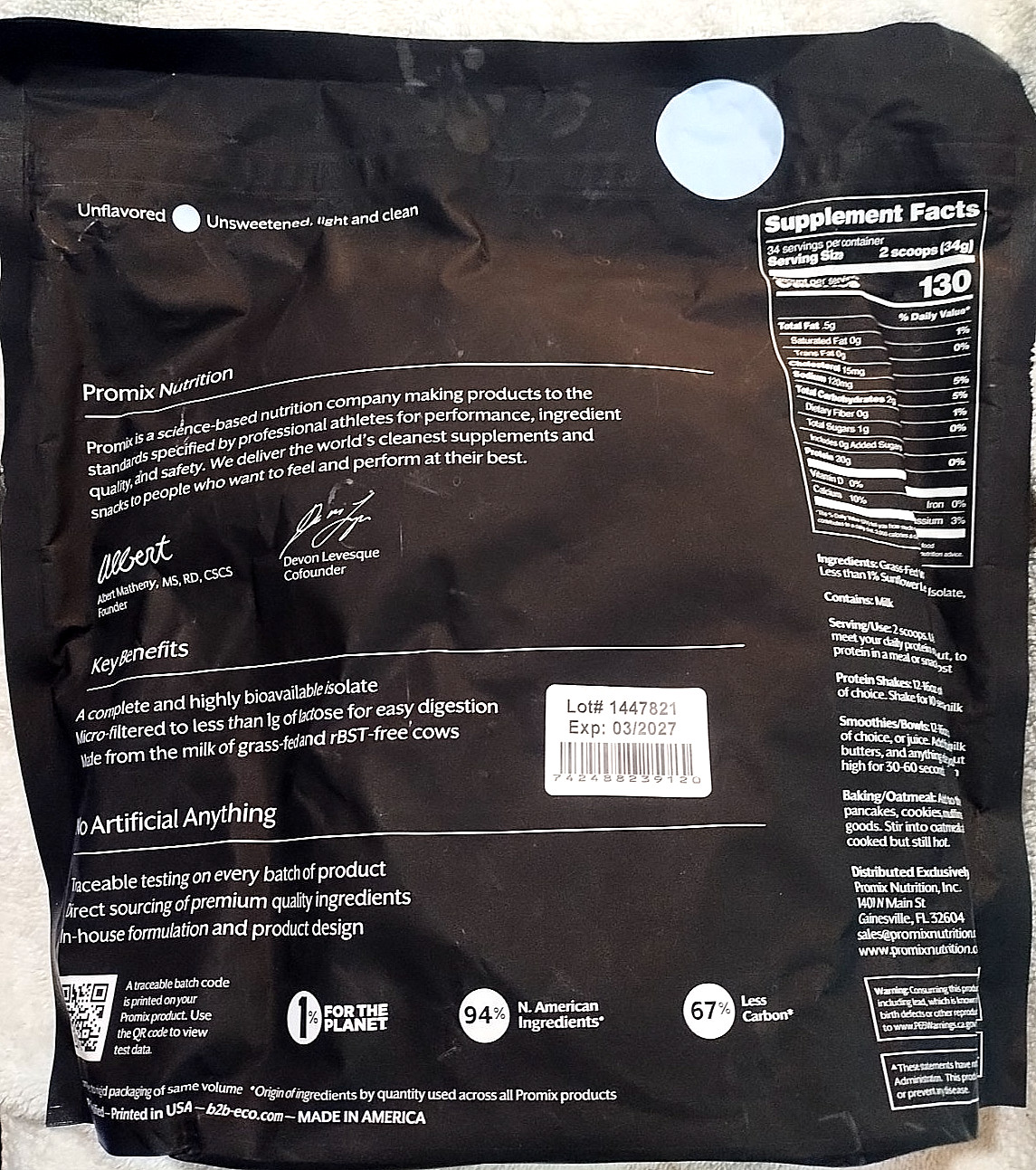 Promix Grass-Fed Whey Isolate Unflavored 2.5Lb. 30g Per Serving. 2027 Expiry.