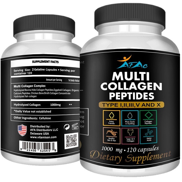 Collagen Peptides 1000 Mg Hydrolyzed Anti-Aging Types I,II,III,V,X 120 CAPSULES