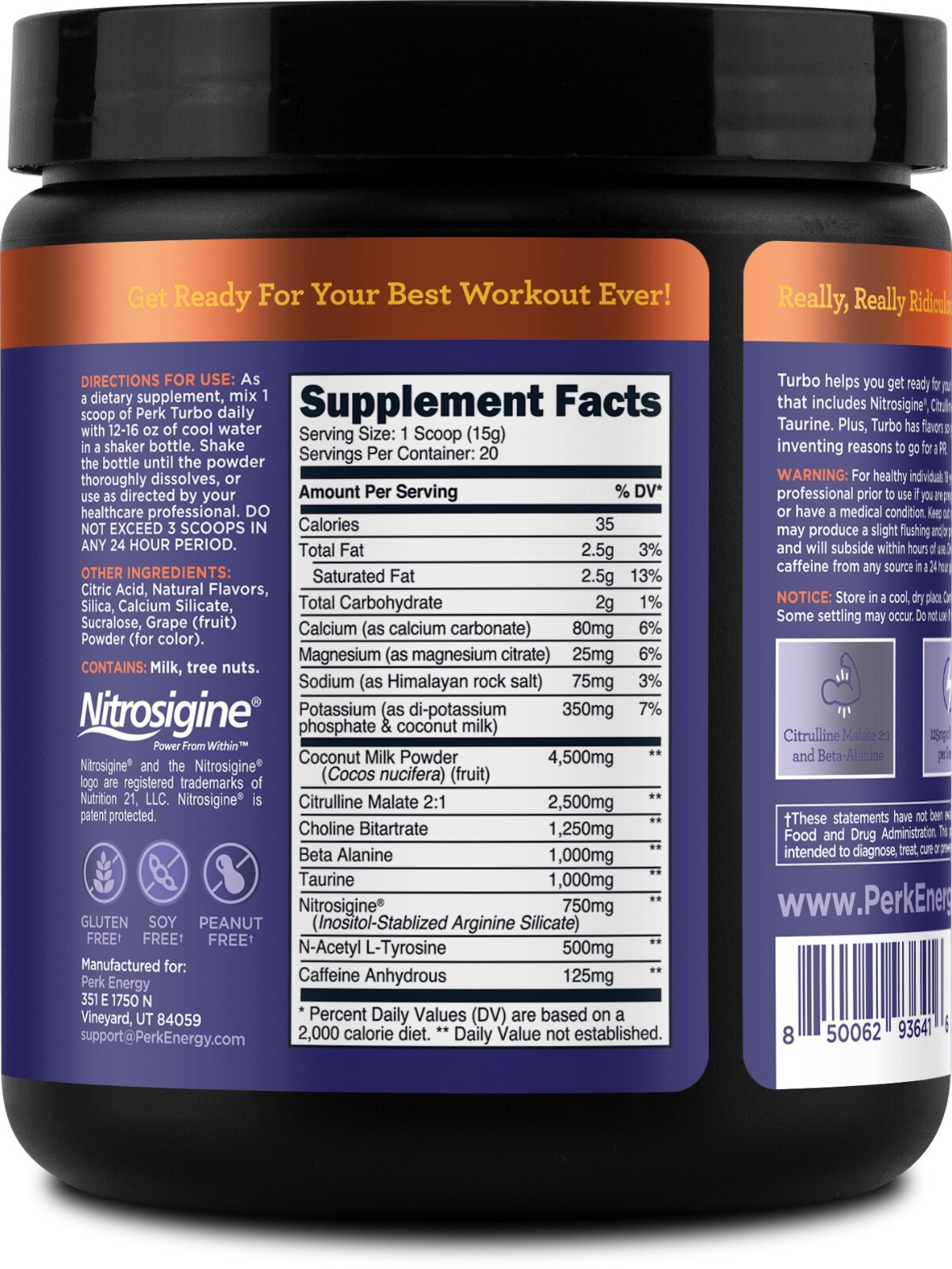 Perk Turbo Pre-Workout Powder (Blueberry Tangerine Flavored) 20 Servings