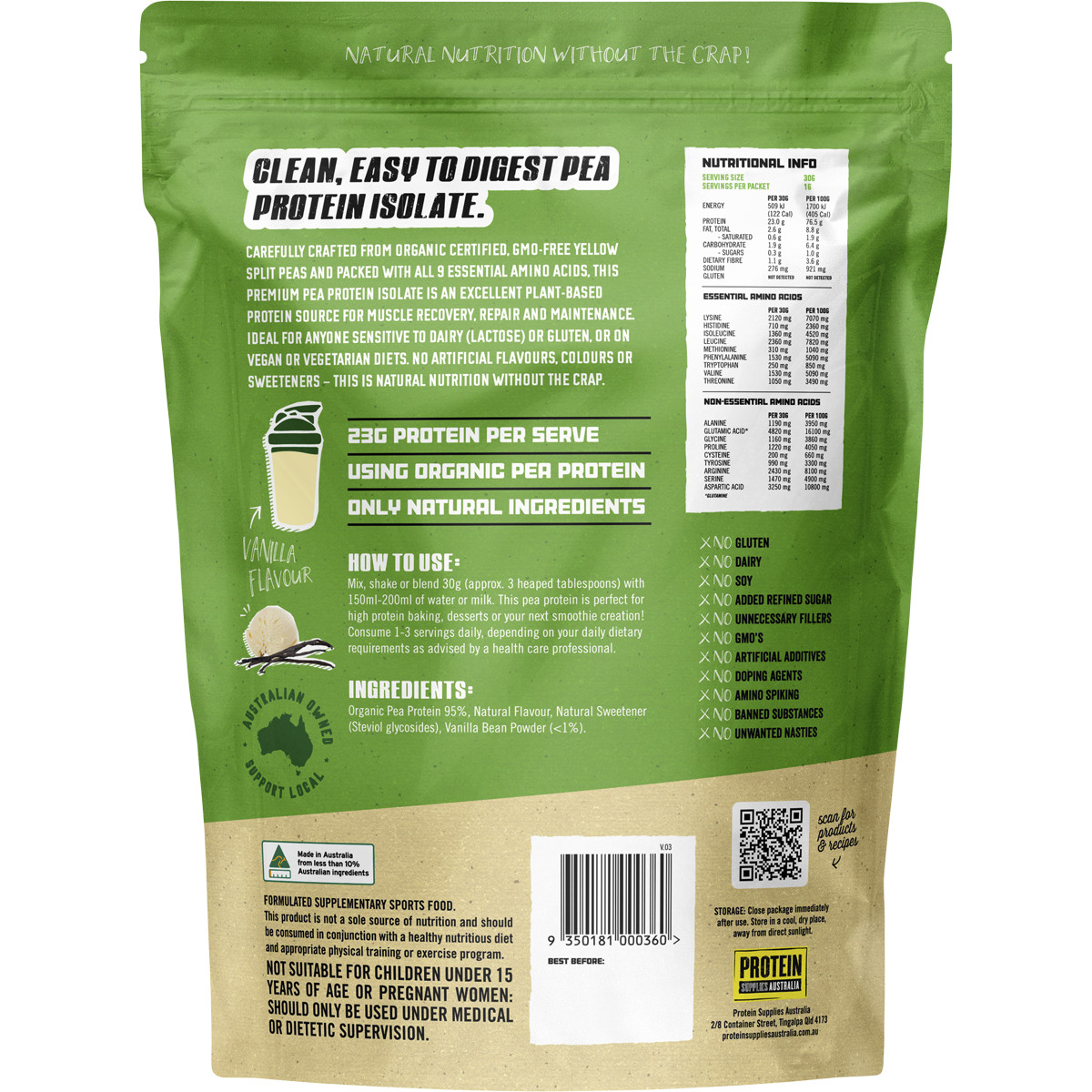 Protein Supplies Australia Pea Protein Isolate Vanilla 500g