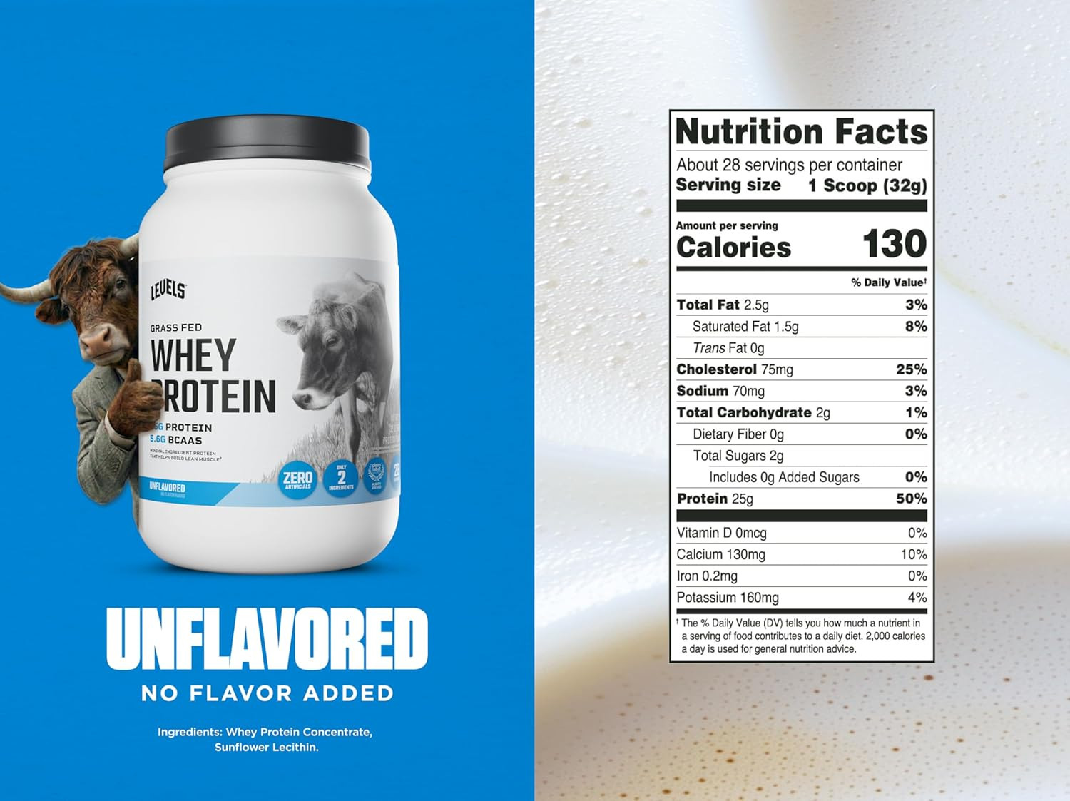 Levels Grass Fed Whey Protein Powder, No Artificials, 25G of Protein, Unflavored