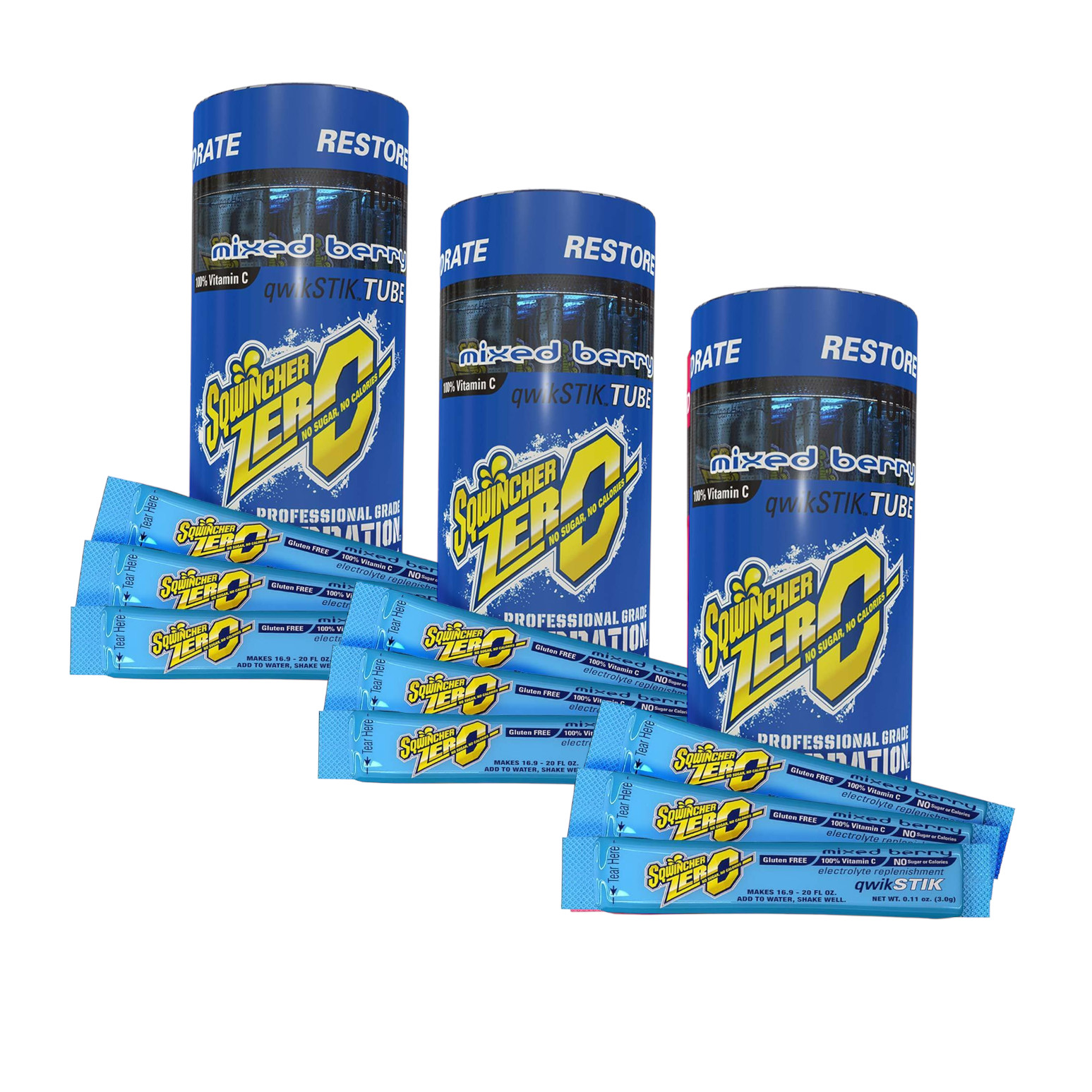 Sqwincher ZERO Sugar Free Electrolyte Powder Beverage MIXED BERRY 30 Qwik Stiks