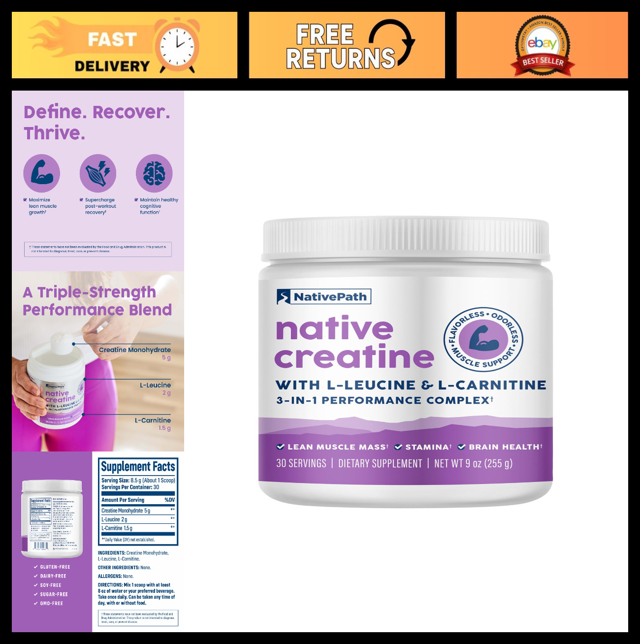 Creatine Monohydrate Powder, Unflavored, 30 Servings | 5g Creatine, Muscle Recov