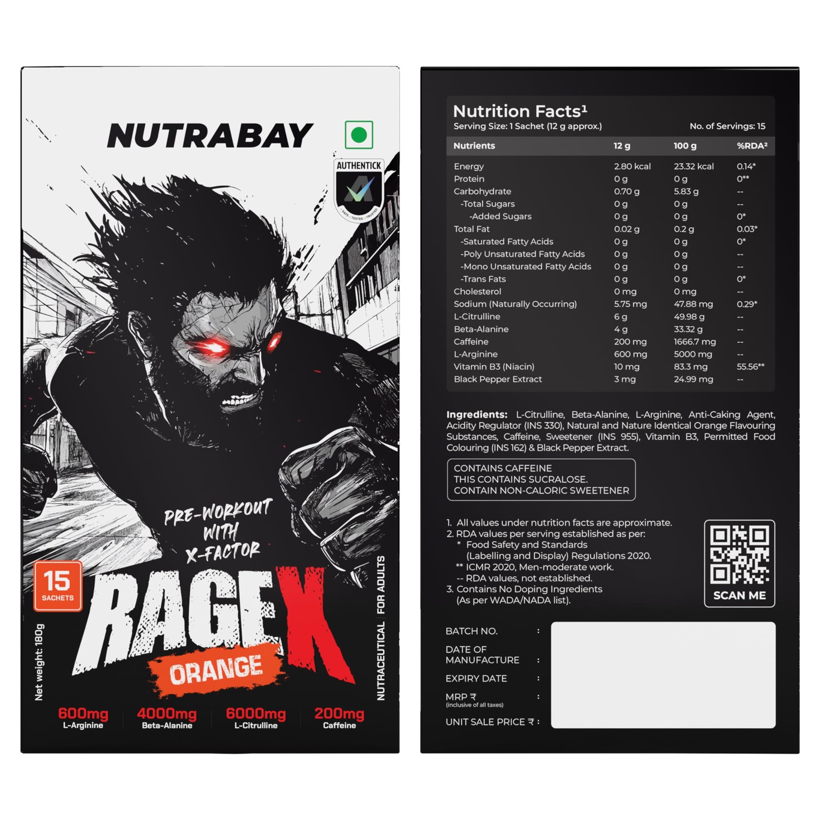 Nutrabay RageX Pre Workout 180g Orange – 15 Sachets, 200mg Caffeine, Pump