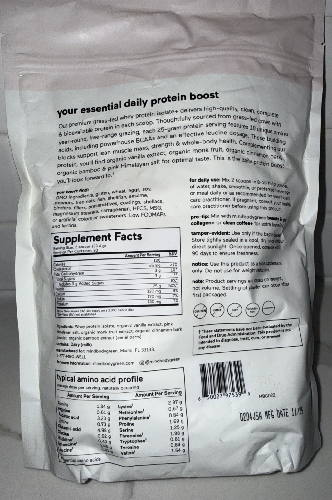 mindbodygreen Grass-Fed Whey Protein Isolate Vanilla Powder 23.5oz All Natural