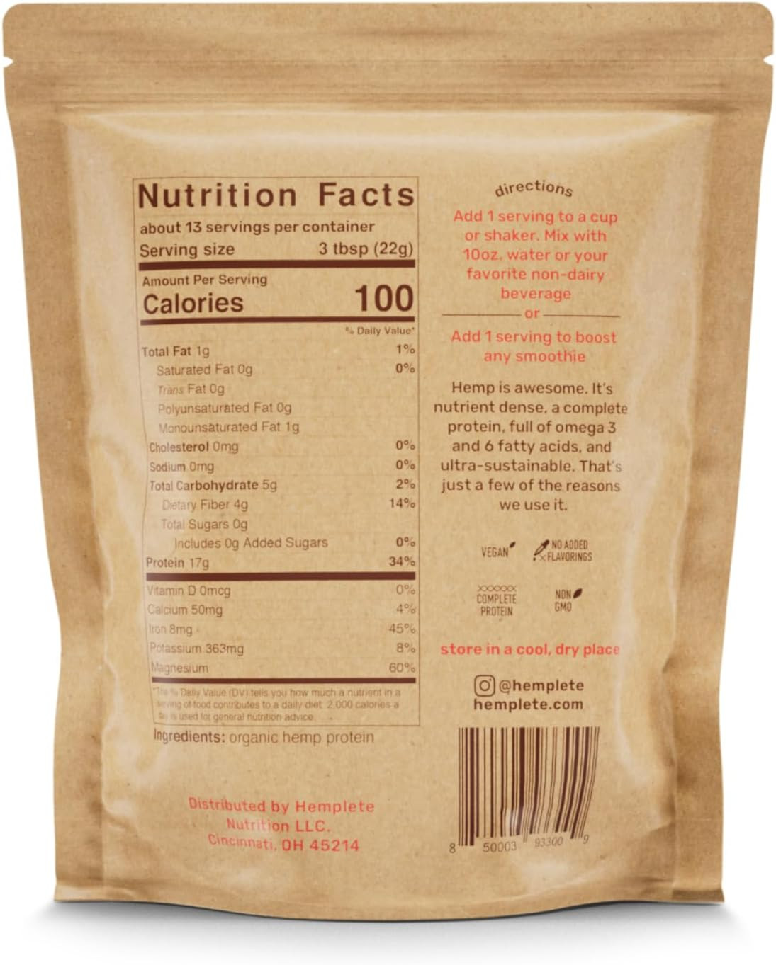 Hemp Vegan Protein Powder, Unflavored Vegan Powder with Plant Protein for Muscle
