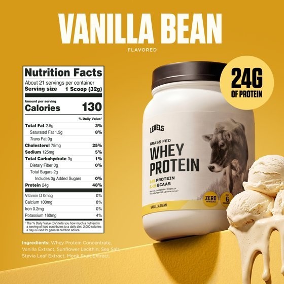 Levels Grass Fed Whey Protein Powder Vanilla Bean 24g Protein 1.48 lb