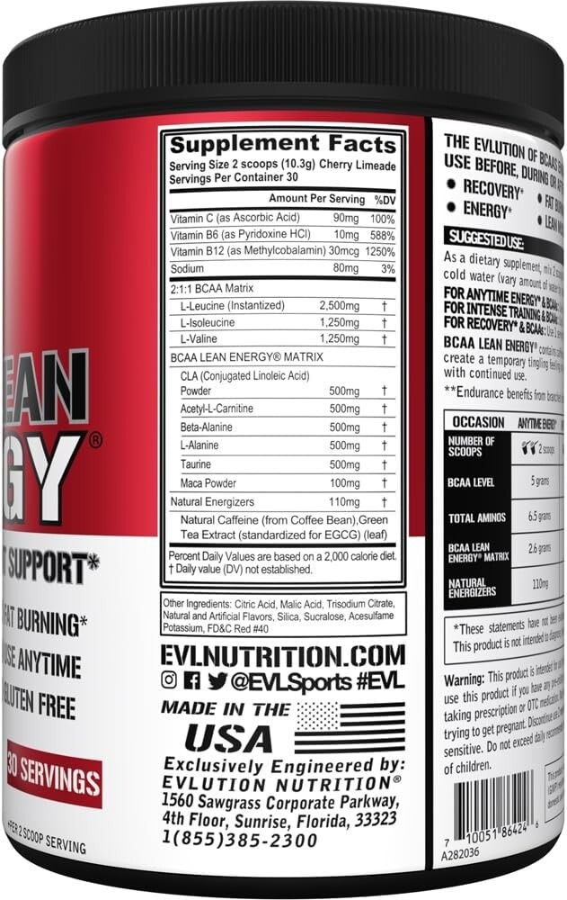 EVL BCAA Lean Energy – Clean Pre Workout Powder for Energy & Fat Burning, 10.9oz