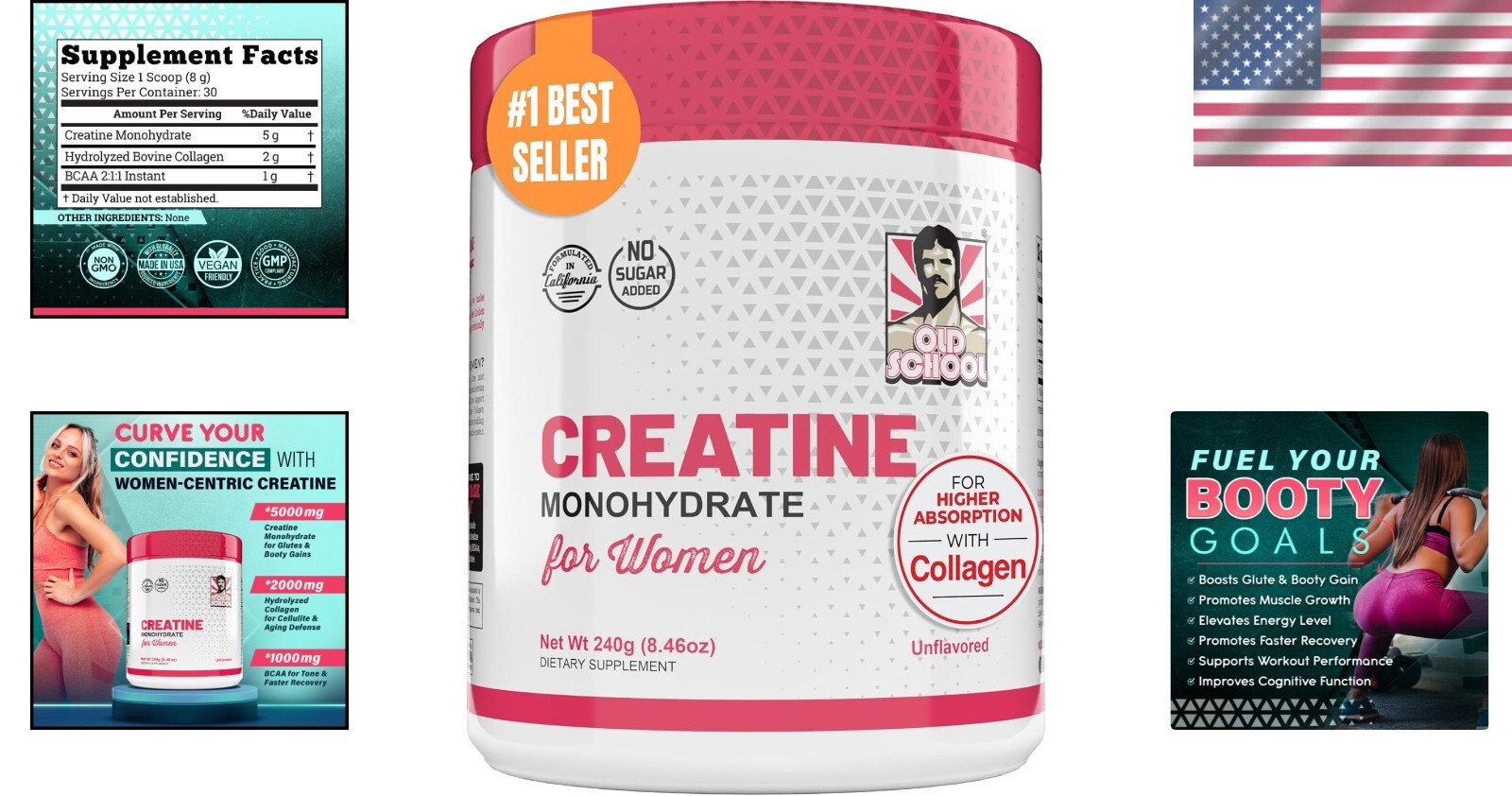 5G Creatine Monohydrate Powder for Women Booty Gain +2000Mg Collagen +1G BCAA 2: