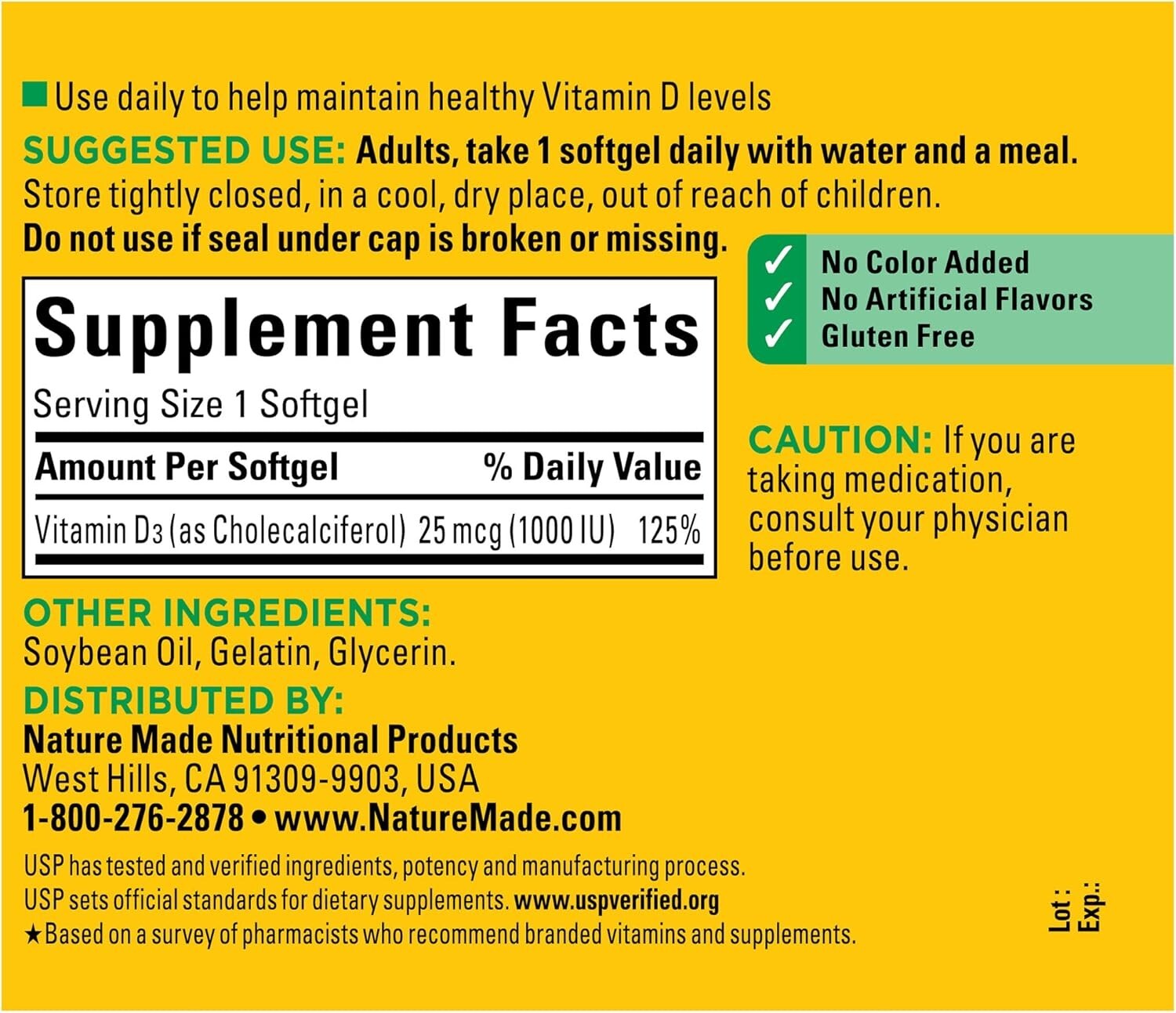 Nature Made Vitamin D3 1000 IU (25 mcg), Dietary Supplement for Bone, Teeth