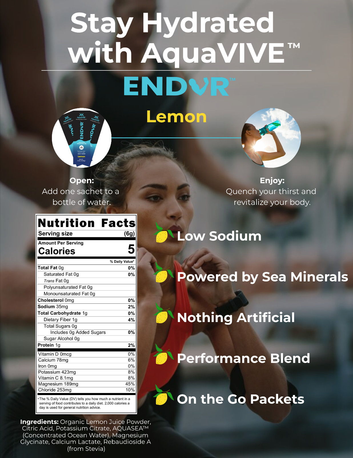 AquaVIVE™ ENDUR™ Lemon Electrolyte Powder Drink Mix Magnesium Glycinate 30 Packs