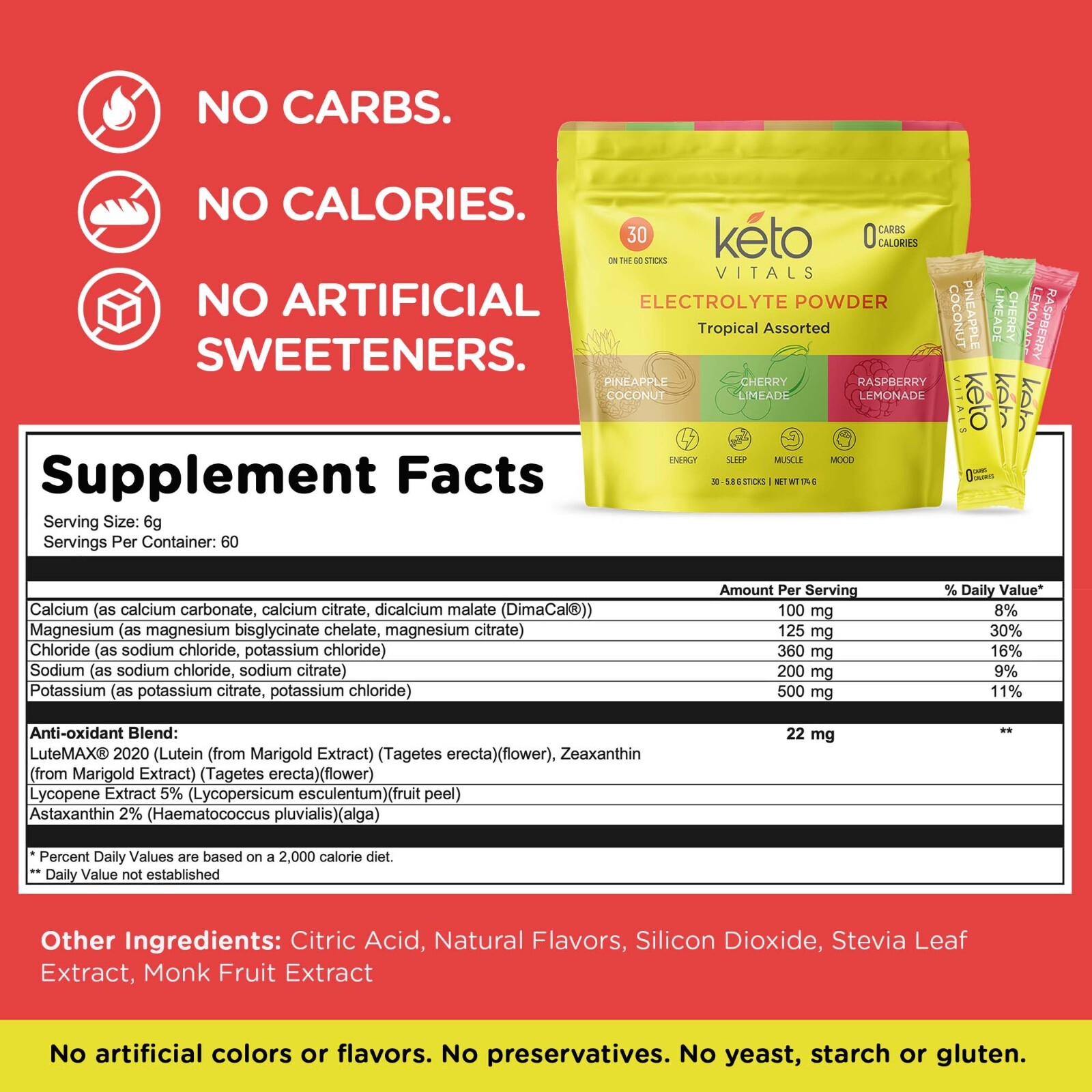Keto Vitals Tropical Electrolyte Powder Stick Packs Tropical Assorted 30CT