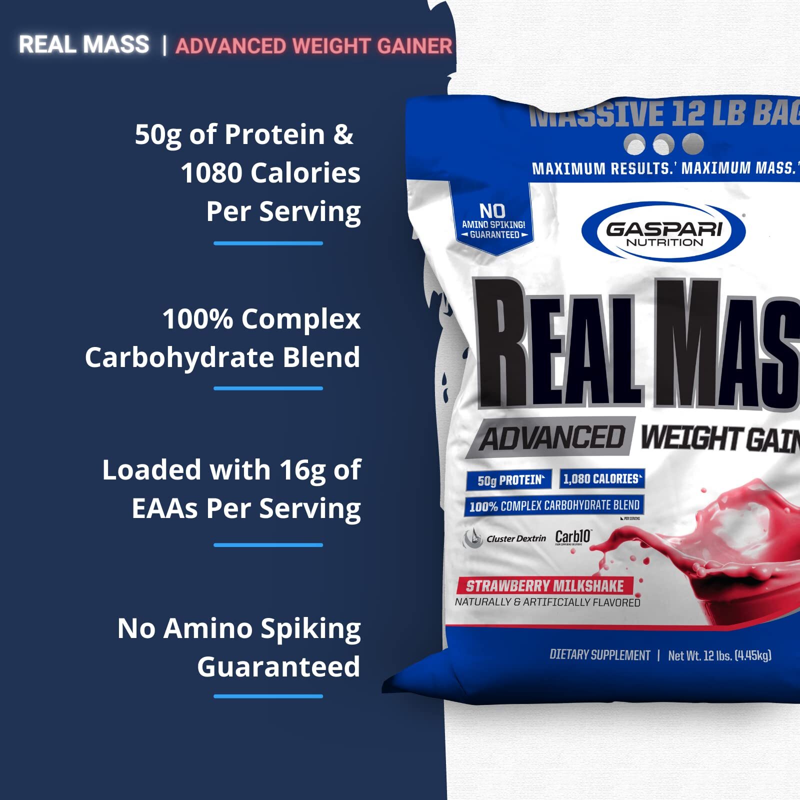 Gaspari Nutrition Real Mass Advanced Weight Gainer Strawberry Milkshake 12 Pound