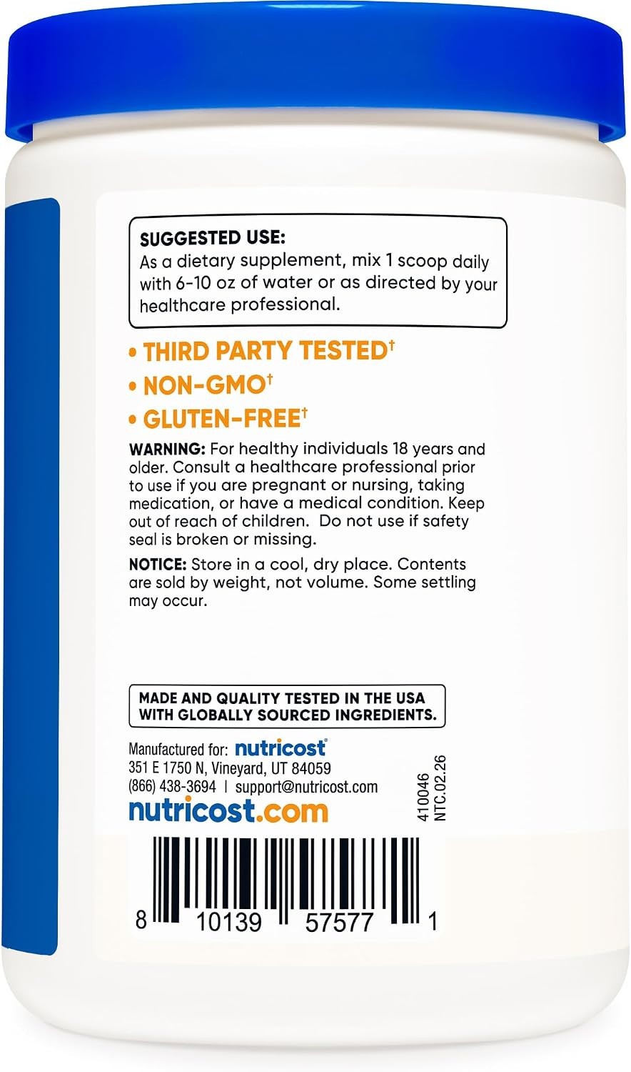Nutricost Prebiotic Fiber Powder 1lb Unflavored Vegan Free Shipping