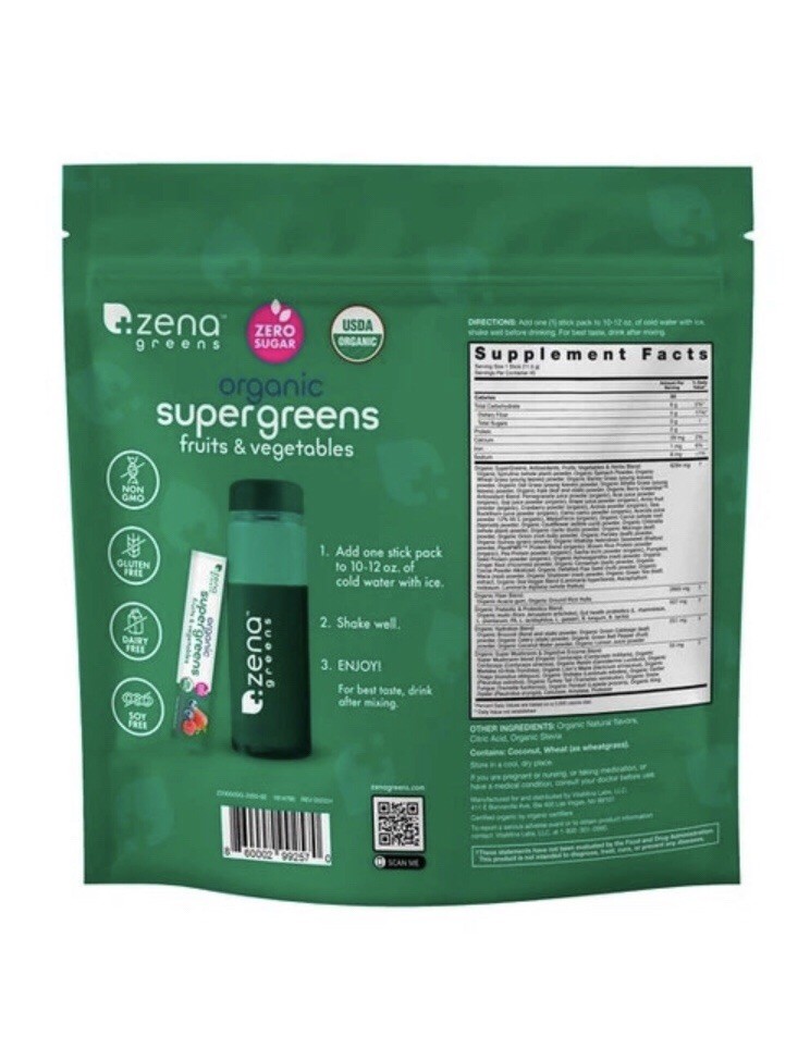 Zena Organic Super Greens Fruit & Vegatables Powder, 45 Sealed Packets