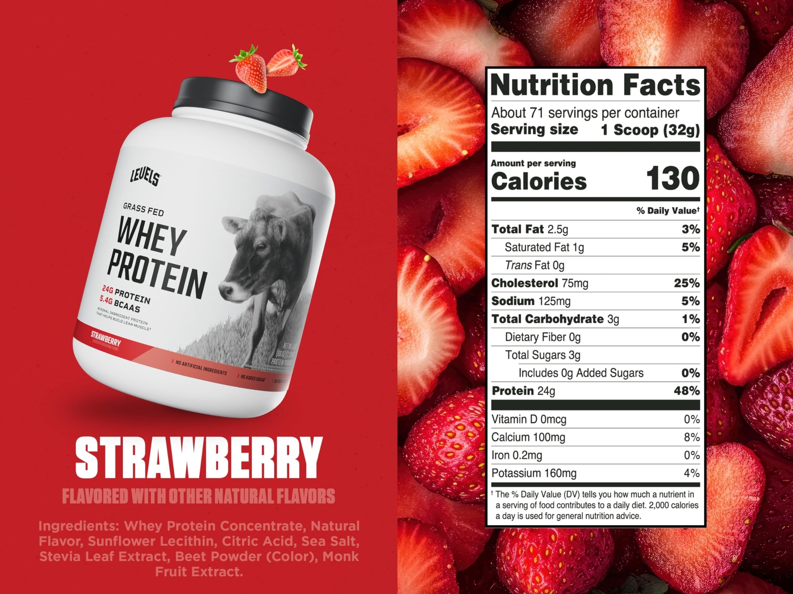 Levels Grass Fed Whey Protein Powder No Artificials 24G of Protein Strawberry…