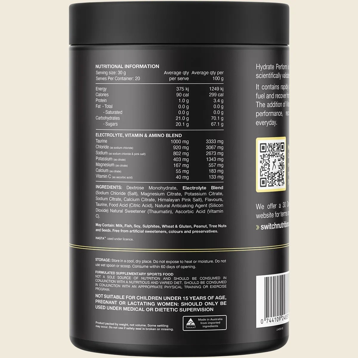 Switch Nutrition Hydrate Perform Electrolytes +Carboydrates Raspberry Lemon 600g