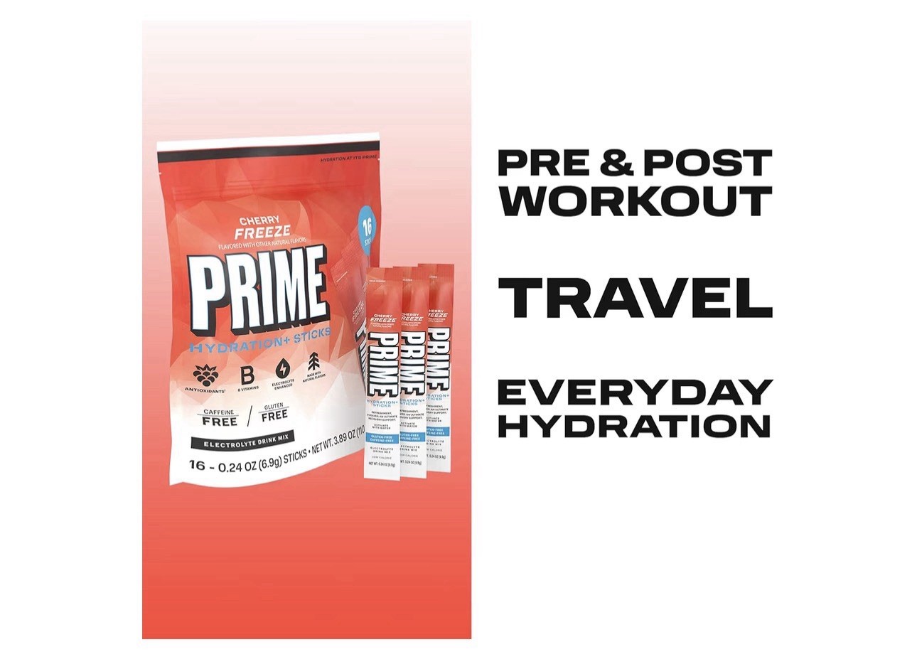 Prime Hydration+ Cherry Freeze Electrolyte Drink Mix Sticks 16 Pack New BB:02/28