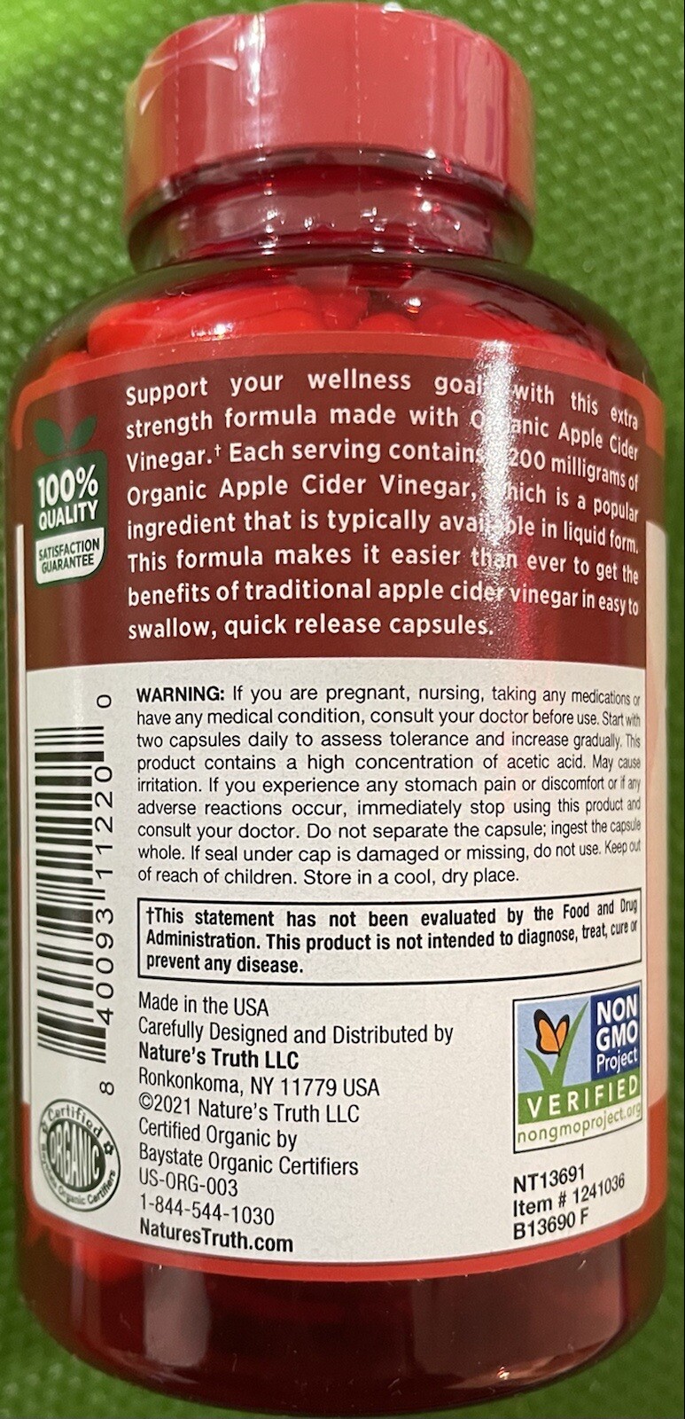 Nature’s Truth APPLE CIDER VINEGAR 1200 mg Vegetarian.180 Capsule EX:8/24