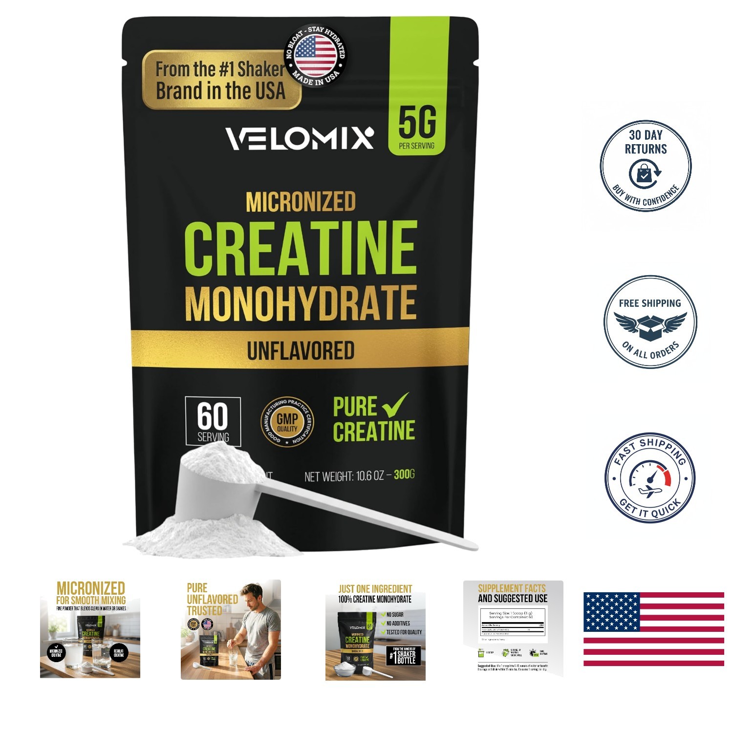 Creatine Monohydrate Powder – 100% Pure, No Fillers, Easy to Use, 60 Servings