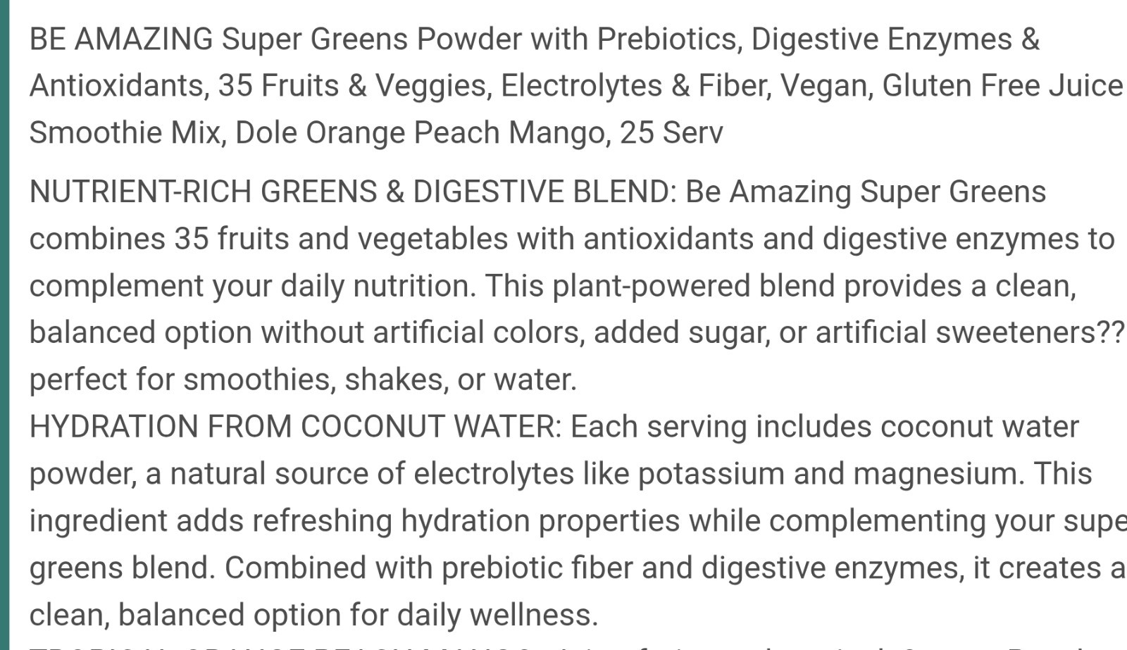 BE Amazing SUPER GREENS 11 oz (25 Serv) Natural Orange Peach Mango BESTBY 10/26