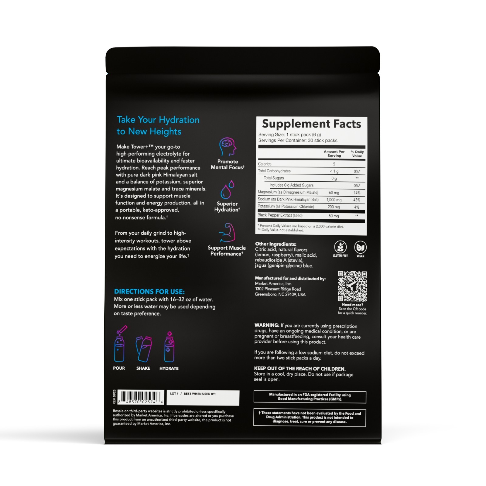Tower+ Electrolyte Mix Blue Raspberry 30 Stick Packs Sugar Free Hydration