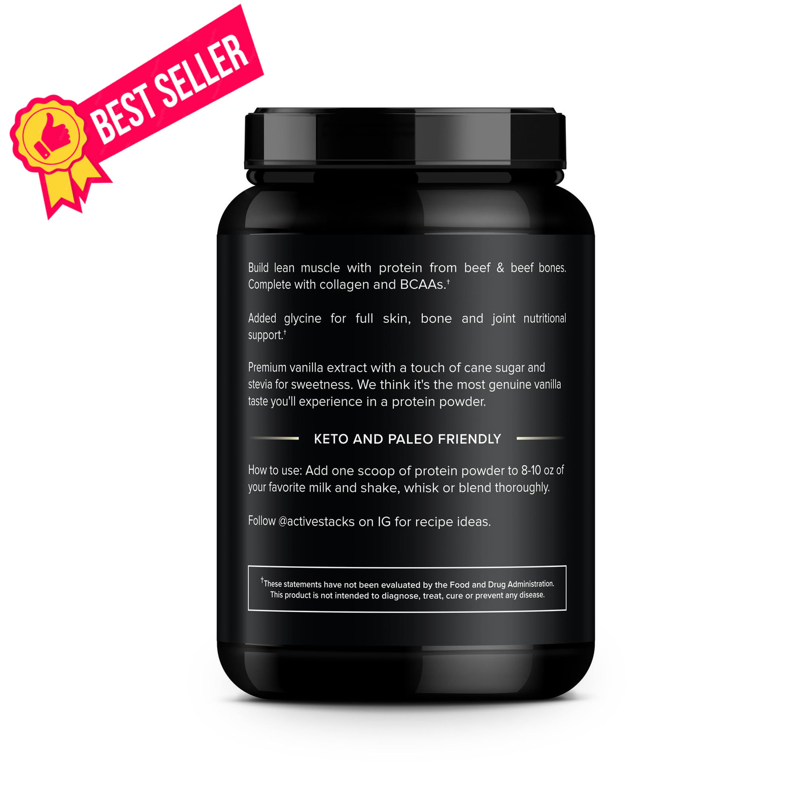 Active Stacks Beef Protein Powder, Vanilla – Dairy Free 2 Pound (Pack of 1)