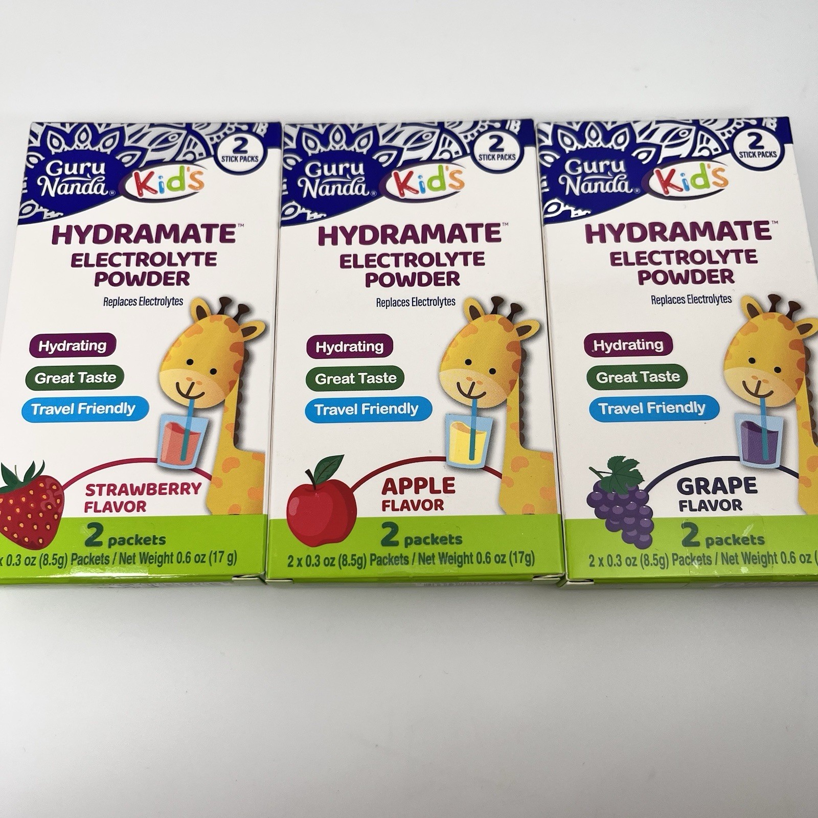 Guru Nanda Hydramate 3 boxes Kids Electrolyte Powder Apple Grape Strawberry NEW