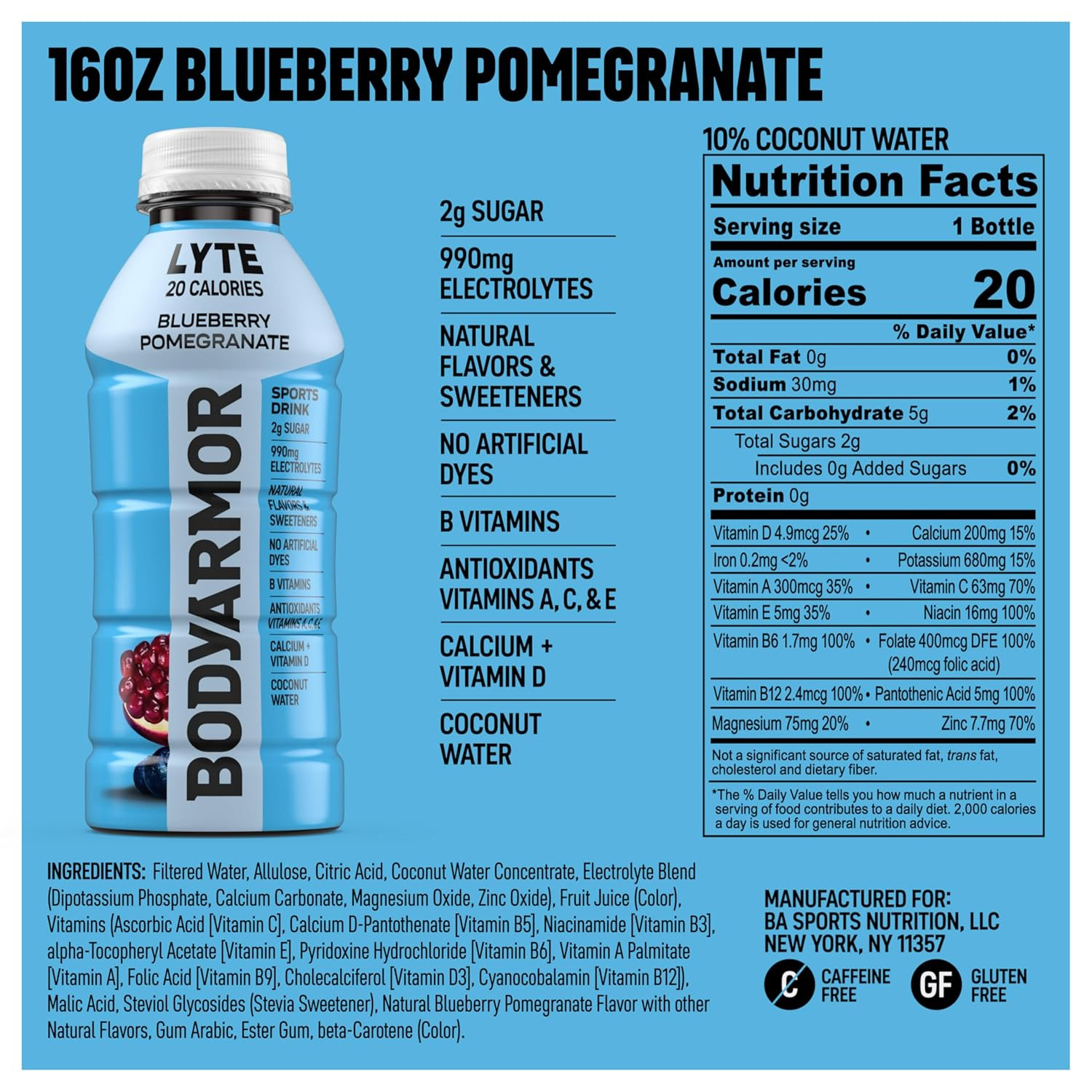 BODYARMOR Lyte Sports Drink, Low-Calorie Blueberry Pomegranate, 16 Fl Oz, 12 Pac
