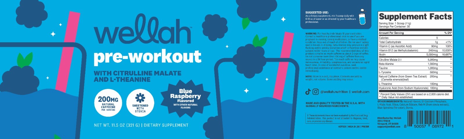 Wellah Get-Going Pre-Workout Drink Mix (Blue Raspberry) – 200mg Natural Caffeine