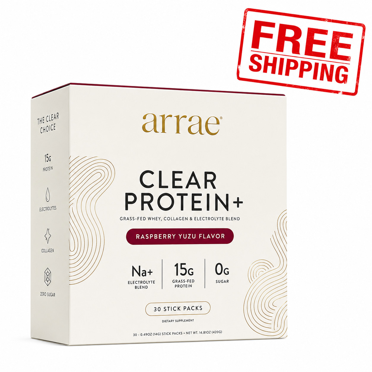 Arrae Clear Protein+ Raspberry Yuzu 30 Stick Packs Grass-Fed Whey Collagen NEW