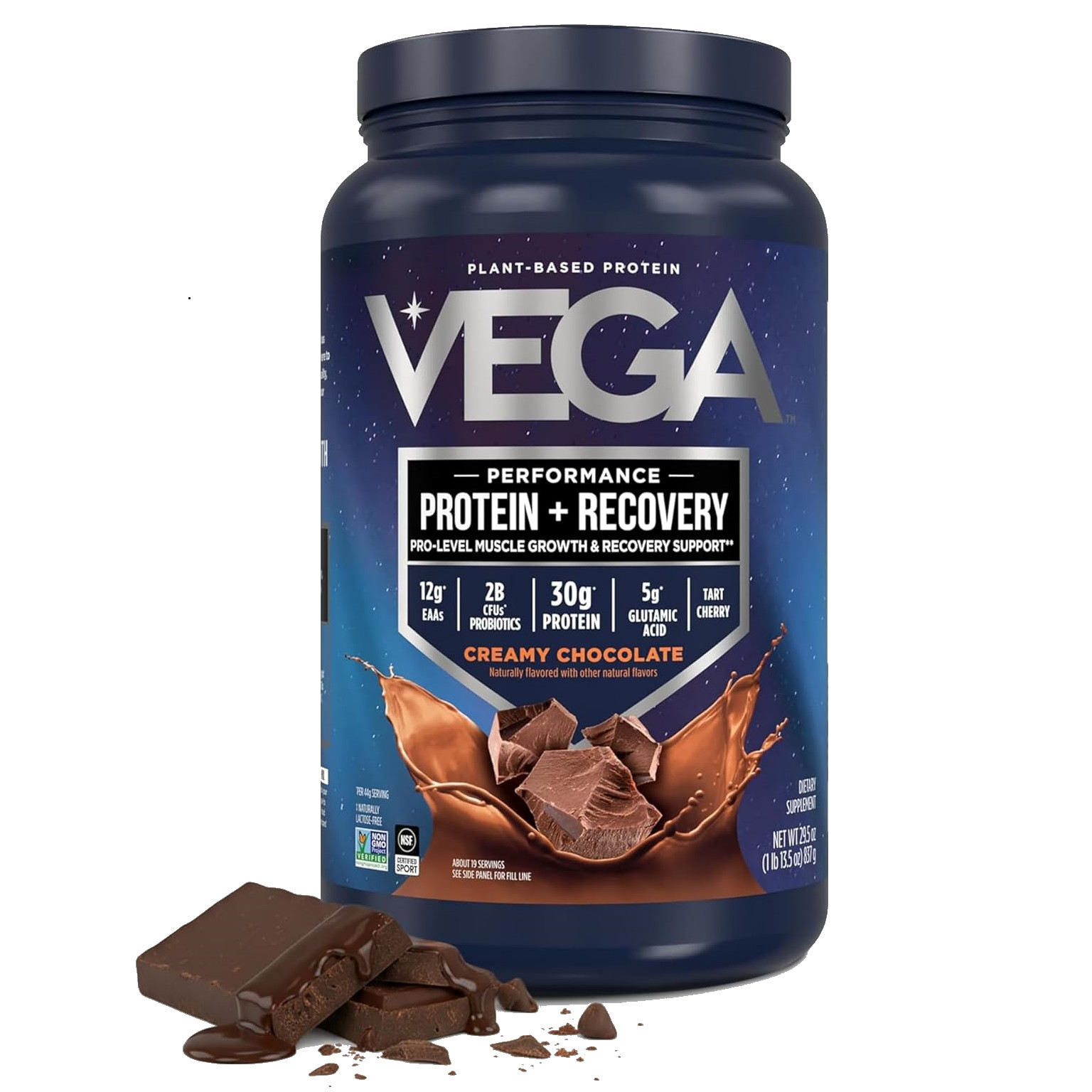 Vega Sport Vegan Protein Powder + Recovery, Chocolate, 29.5oz/1.84lbs/837g Jar