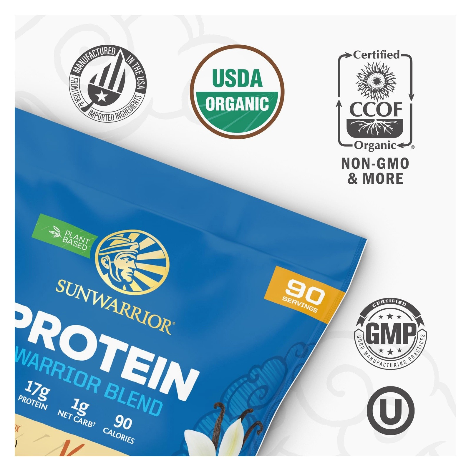 Sunwarrior Organic Vegan Protein Powder Vanilla w BCAA & Hemp Seed Blend 90 serv
