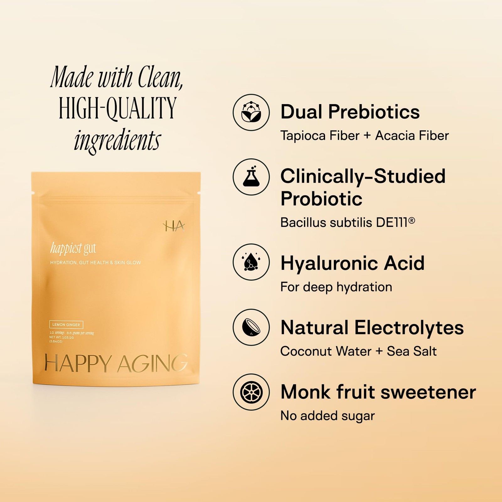Happy Aging Happiest Gut Hydration Powder Electrolytes Probiotics Dual