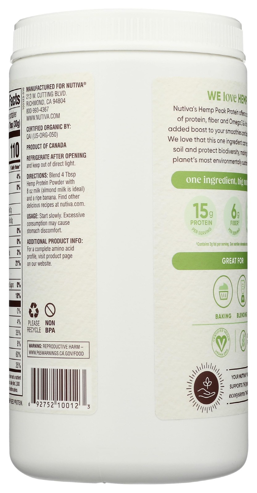 Nutiva Organic Cold-Pressed Raw Hemp Protein Powder, Peak Protein, 16 Oz, USDA