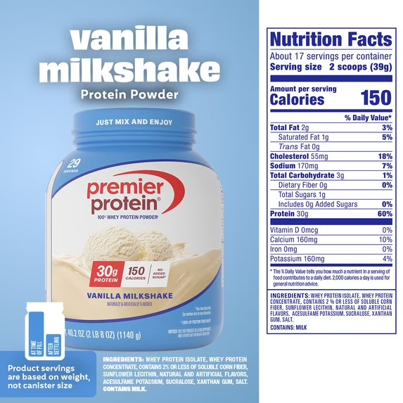 Premier Protein Whey Protein Powder, Vanilla Milkshake, 30g Protein, 29 Servings