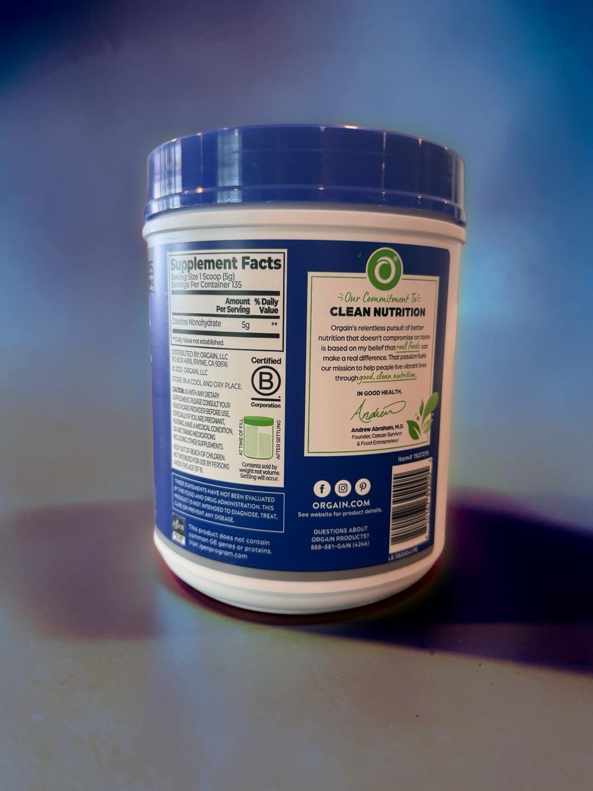 Orgain Creatine Monohydrate Powder, Micronized Unflavored 23.8 oz 135 Servings